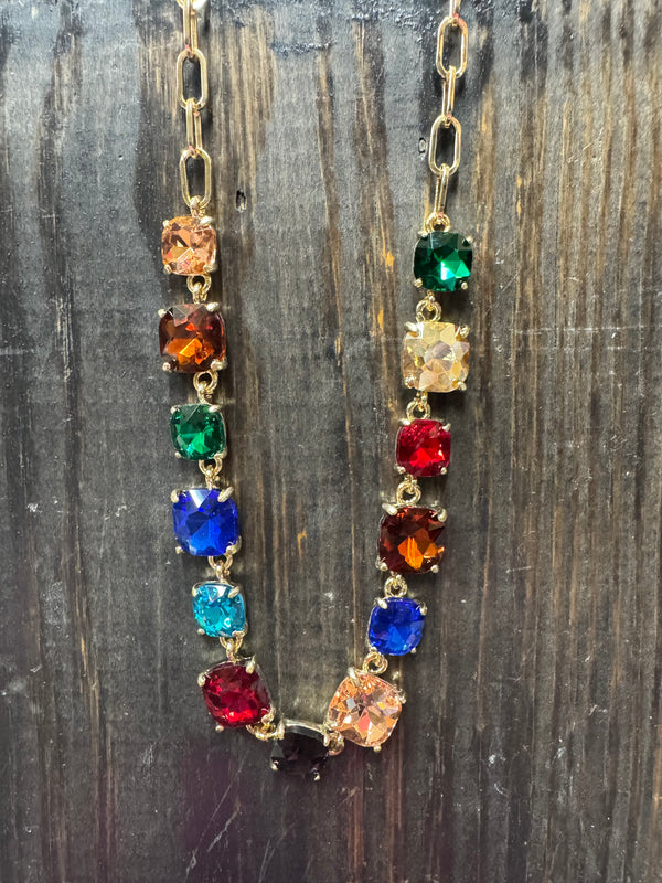 Multi Color Rhinestone Paperclip Chain Necklace