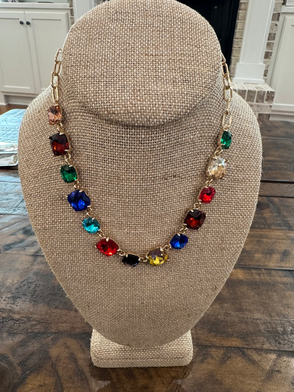Multi Color Rhinestone Paperclip Chain Necklace