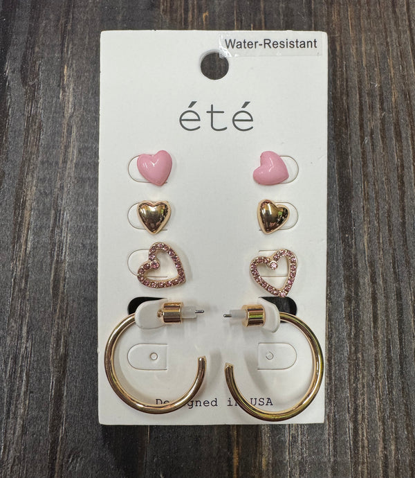 Three hearts and Hoop Earring Set