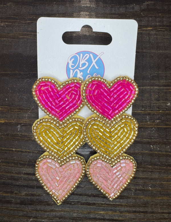 Triple Heart Valentine Seed Bead Statement Earrings