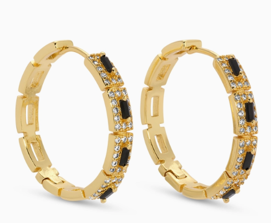 Black Baguette Accented Rectangle Pave Hoops