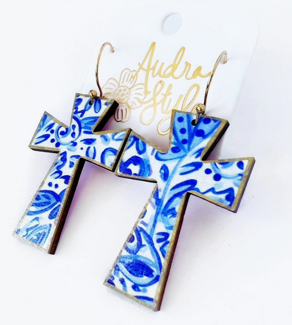 Audra Style Blue & White Chinoiserie Cross Earrings