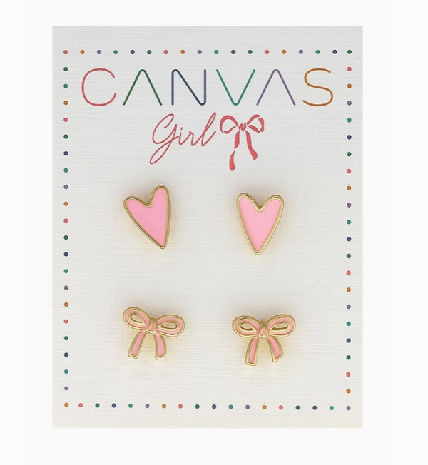 Canvas Girl Bow & Heart Stud Set (Youth)