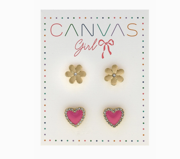 Canvas Girl Heart & Flower Stud Set (Youth)