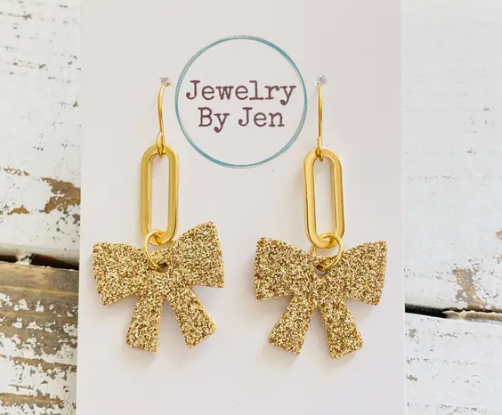 Bow With Paperclip Charm Earrings: Gold Fine Glitter