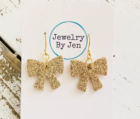 Glittery Gold Bow Dangle Earrings