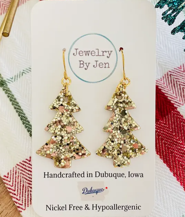 Leather Sequined Christmas Tree Earrings