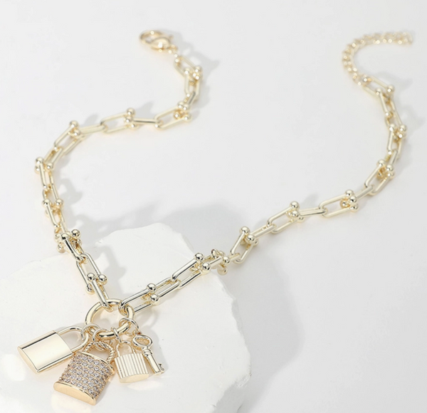 14K Gold Plated Cz Paved Triple Lock Pendant Chain Necklace