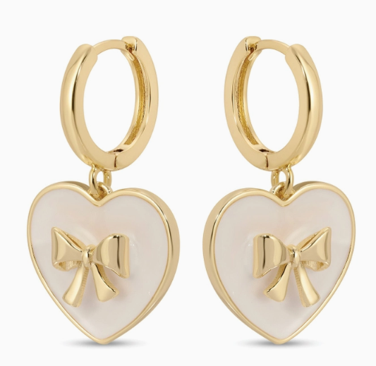 Gold Huggies with Bow Accented White Heart