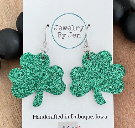 Glittery Green Shamrock Clover Earring