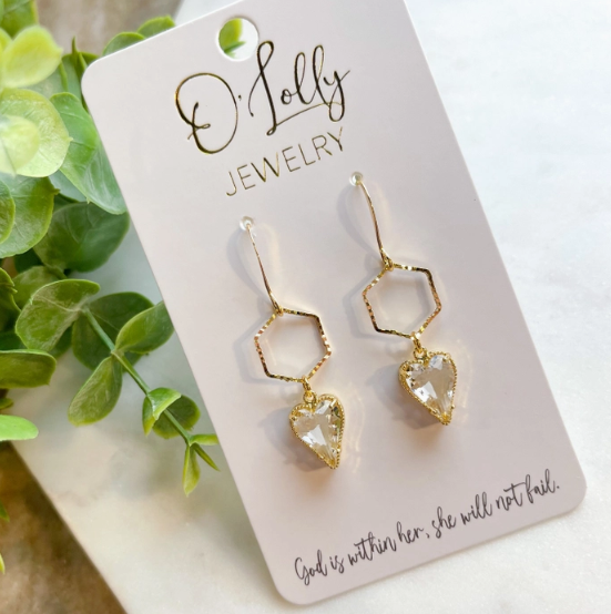 Gold Rhinestone Heart Dangle Earrings