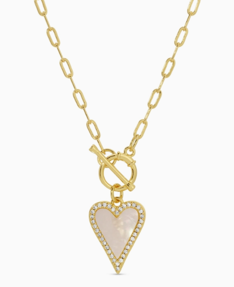 Gold Mother of Pearl Pave Heart Toggle Necklace