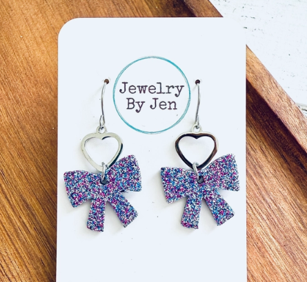 Bow With Heart Charm Earrings: Aurora Purple Fine Glitter