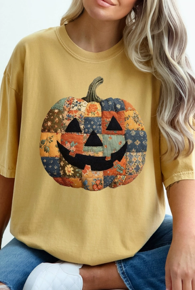 Faux Quilted Fall Pumpkin Comfort Colors Shirt