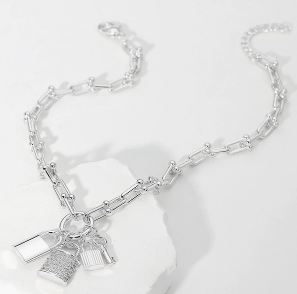 14K Gold Plated Cz Paved Triple Lock Pendant Chain Necklace