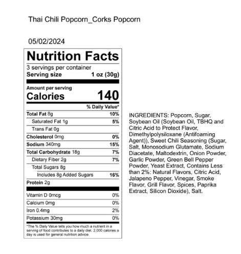 Cork’s Sweet Thai Chili Popcorn (Gluten Free)
