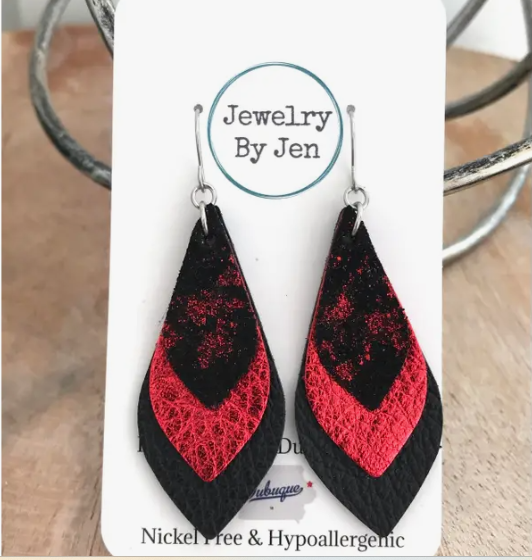 Red & Black Leather Layered Earrings