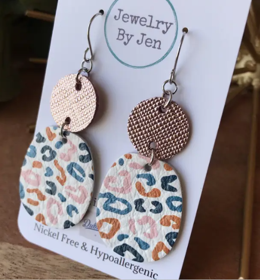 Rose Gold & Multi Leopard Leather Earrings