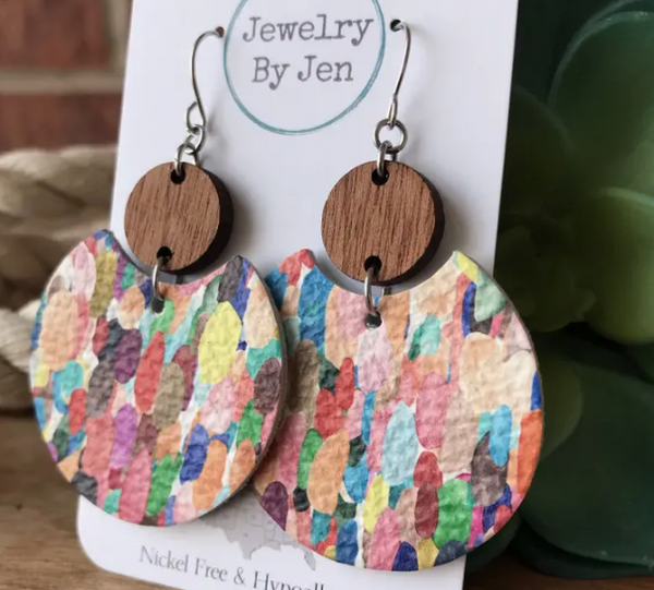 Cherry Wood Round & Confetti Splash Earrings